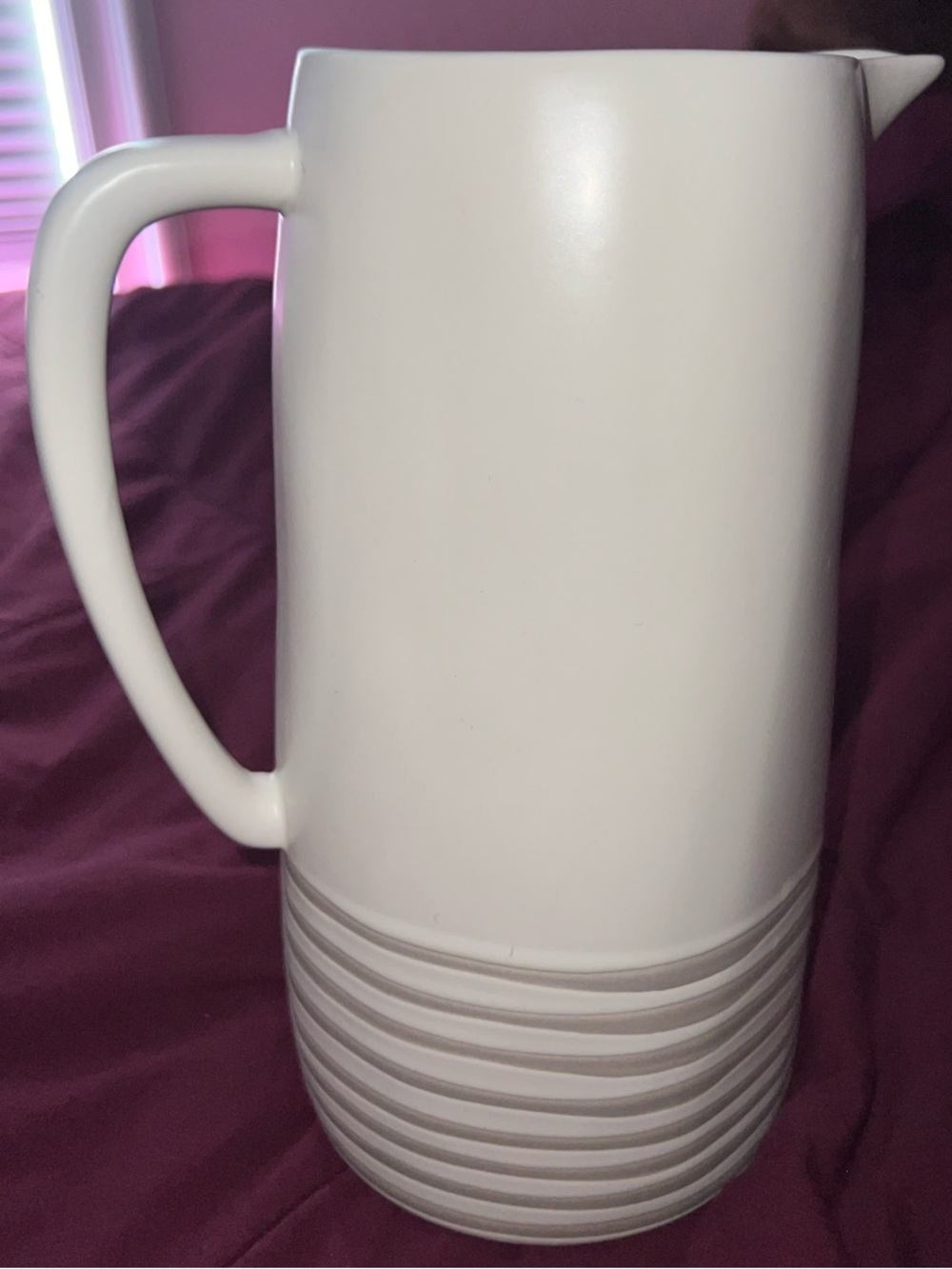 White Ceramic Pitcher with Ribbed Base - Unbranded